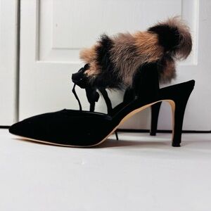 Price is firm DEE KELLER Velvet Pointed Toe Fur Trim Stiletto Heels Size 7.5